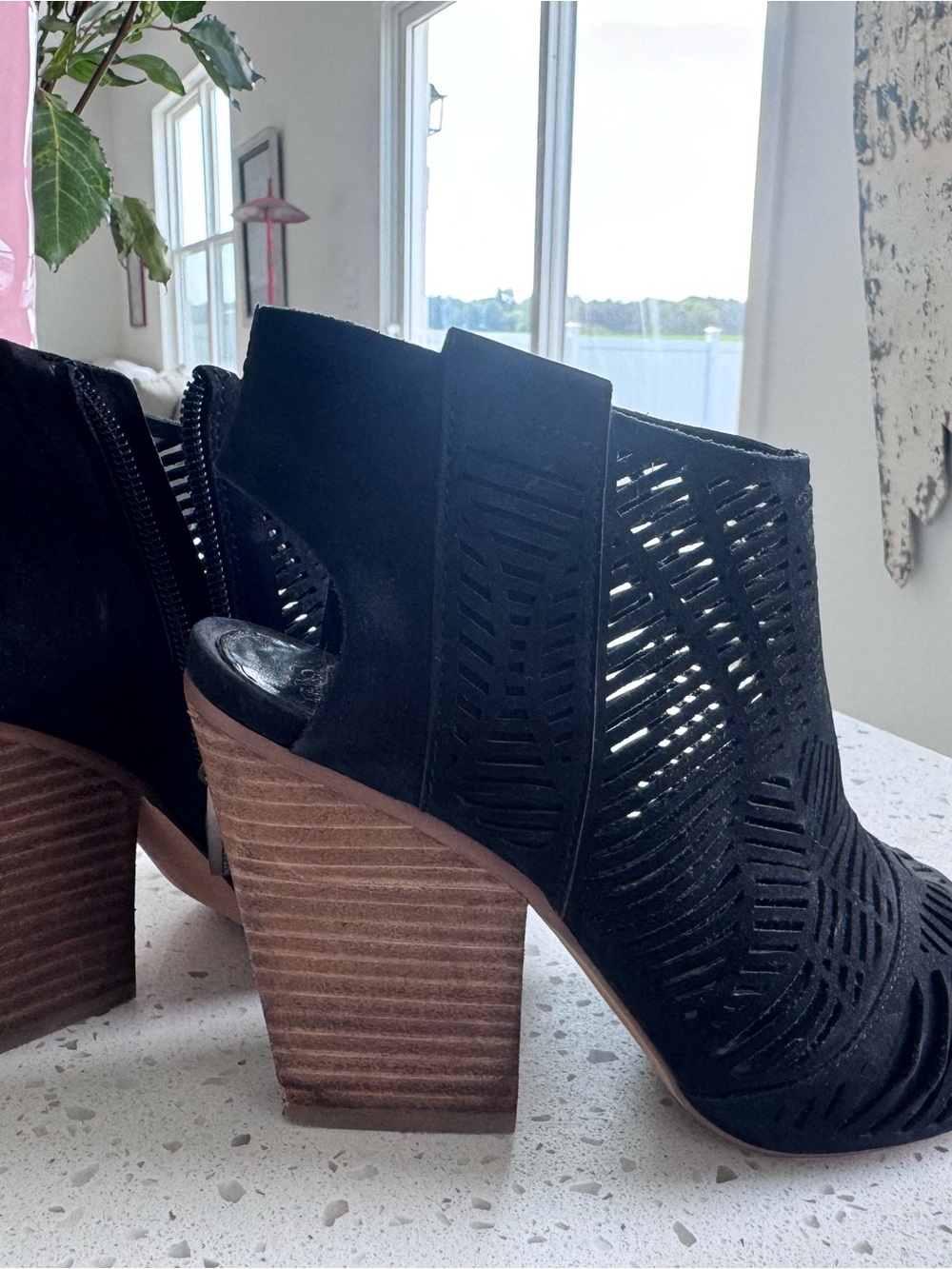 Vince Camuto Black Laser-Cut Suede Block Heel Booties